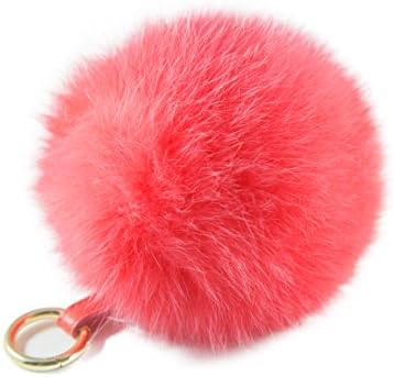 Yooci Large Genuine Fox Fur Bag Charm Fluffy Fur Ball Car Keychain Decorations (Watermelon Red)