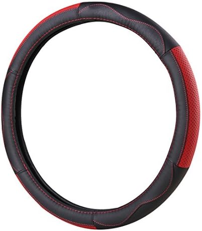 QUEES Black/Red 15 Inch(38cm) Cowhide Leather Car Steering Wheel Cover