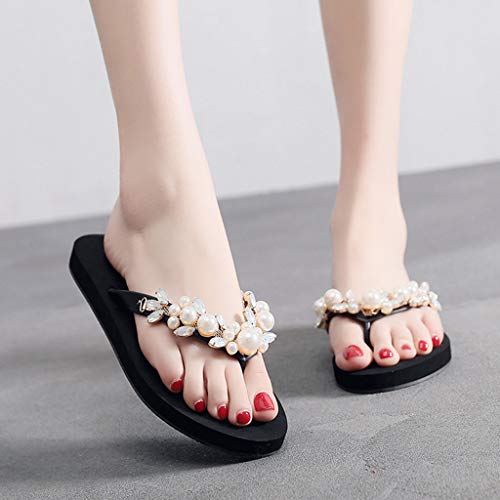 Summer Sandals Simayixx Women Sexy Rhinestone Shoes Pearl Slip-On Slippers Beach Boho Flip Flops Swimming Pool Yoga Shoe Black
