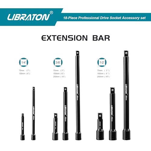 LIBRATON Ratchet Extension Set, Adapters and Sockets, 18PCS Socket Wrench Extensions, Reducers and Gimbals, Square Adapter to Hex 1/4 3/8 1/2