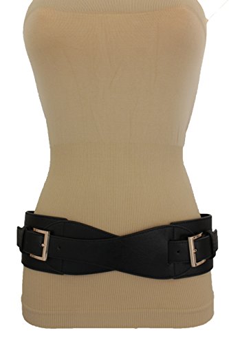 TFJ Women Elastic Belt Wide Faux Leather Gold Double Metal Buckles S M Black