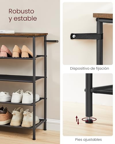 VASAGLE Zapatero, Organizador de Almacenamiento de Zapatos de 5 Niveles para Entrada y clóset, Capacidad para 20-24 Pares de Zapatos, 4 estantes de Tela, Marco de Acero, Industrial, café rústico y