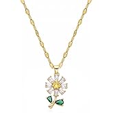 Crystal Daisy Leaf Pendant Necklace for Women 14K Gold Plated Stainless Steel Dainty Green CZ Flower Floral Charms Link Chain Necklaces Adjustable Wedding Holiday Birthday Jewelry Gift 18"