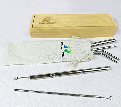 Stainless Steel Straws,RUCACIO Smoothie and Cocktail Straws Portable and Reusable,Gift Wrap Available,6 Metal Drinking Straws 8.5inches with 2 Brushes,Set of Gift for Friend (6 stainless steel straws)