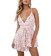 Alunzoem Women's Floral Print Romper Spaghetti Strap Deep V Neck Tie Knot Ruffle Short Jumpsuits ...