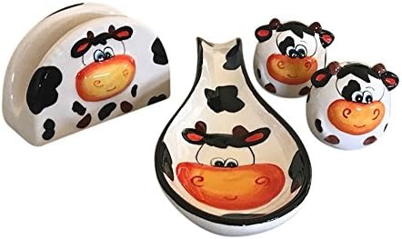 Ceramic Cow Kitchen Collection, Salt and Pepper Shaker, Spoon Rest and Napkin Holder Bundle