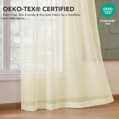 Deconovo Beige Translucent Curtains for Living Room and Bedroom, Modern Curtains 140 x 225 cm, 2 Pieces with Ruched Tape, Linen Effect Curtains, Soft Light and Elegant Finish