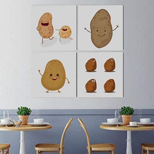 Amazon Com Wall Art Painting Picture Cute Potato Funny Brown Vegetables Modern Hanging Photo Canvas Prints 4 Pcs Per Set With Wooden Frames For Bedroom Living Room Office Home Decor 16x16 Inch Posters