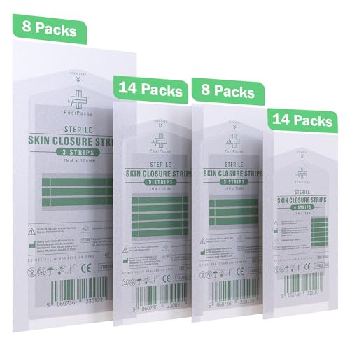 Posi Pulse Sterile Skin Wound Closure Strips. 202 Strips in 44 Packs - Improved Healing, Reinforced Design, Latex-Free, Adhesive Backed, for Lacerations, Incisions, Sutures, 3x75,6x38,6x75,12x100mm