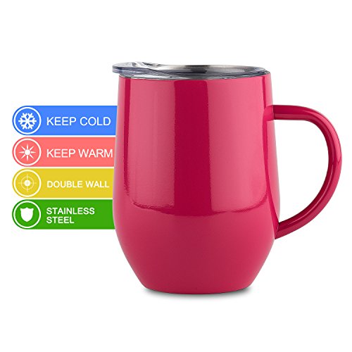 DOKIO 12 oz Coffee Mug Cup With Handle Red Stainless Steel Double Wall Vacuum Insulated With Crystal Clear Lid Great For Ice And Hot Drink Wine Glass For Home Office Outdoors