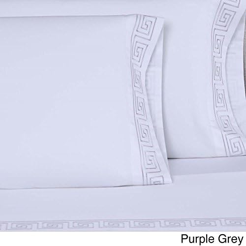Affluence 600 Thread Count 100% Cotton Embroidered Sheet Sets - Greek Key Pattern (Queen Sheet Set, White/Purple Grey)