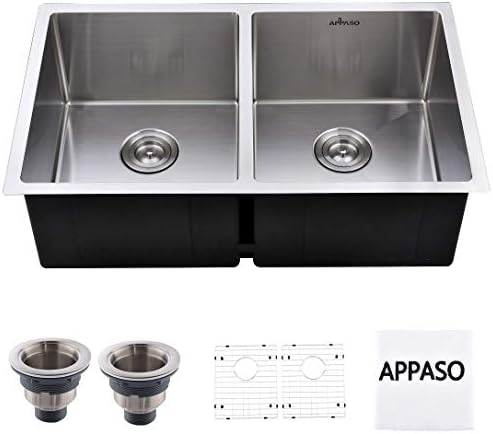 APPASO Norn Pro 32-inch 50/50 Double Bowl Kitchen Sink, 18 Gauge Stainless Steel 10 inch Deep Undermount Commercial Handmade Large Drop-in Kitchen Sink (R321955)