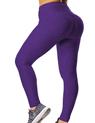 GILLYA Booty Yoga Pants Women High Waisted Ruched Butt Lift Textured Tummy Control Scrunch Leggings (Violet, L)