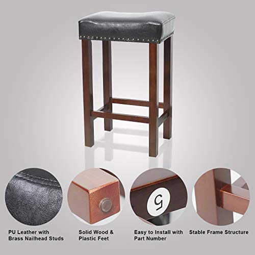 eclife Bar Stools Saddle Seat Solid Wood Backless Faux Leather Kitchen