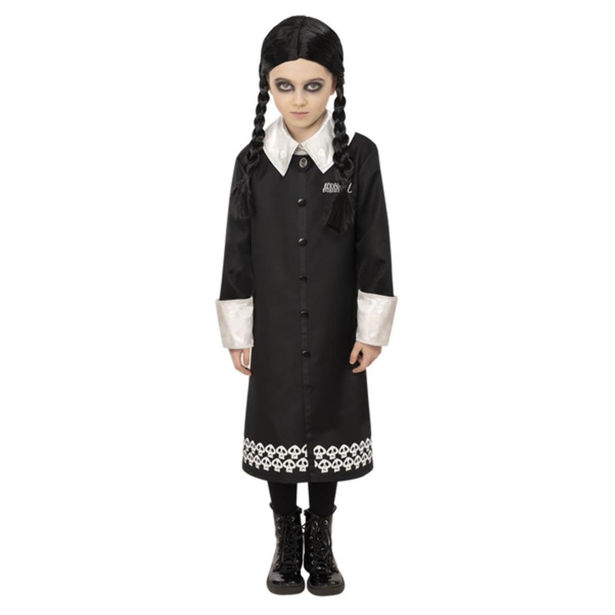 Smiffys The Addams Family Wednesday Child Costume, Black Dress with Skull Pattern and Wig, Officially Licensed Wednesday Addams Costume, Great for Halloween and Themed Events