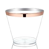9 Oz Rose Gold Plastic Cups - Clear Plastic Tumblers, Fancy Wedding Cups, Premium Party Cups with Elegant Rim - 50 count