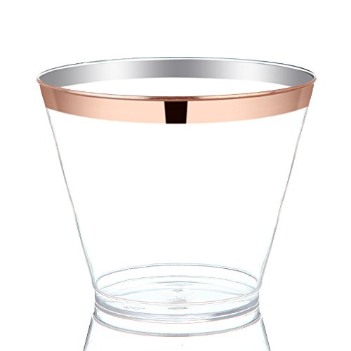 9 Oz Rose Gold Plastic Cups - Clear Plastic Tumblers, Fancy Wedding Cups, Premium Party Cups with Elegant Rim - 50 count