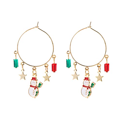 Cute Christmas Dangle Hoop Earrings for Women Girls Dainty Tree Snowman Jingle Bell Socks Drop Earring Luckly Stars Breded Ball Party Festival Jewerly Xmas Gifts for Daughter Bff (Snowman)