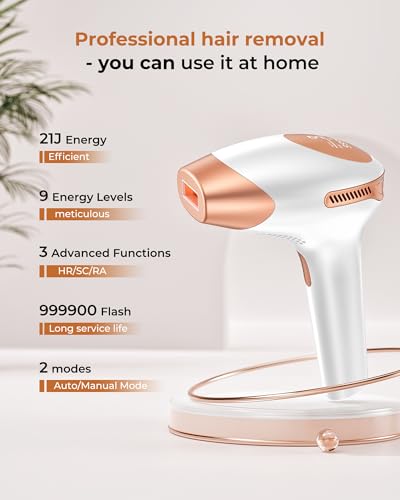 21J Pulsed Light Epilator with 9 Energy Levels, Laser Epilator with Auto Scroll Mode, 999,900 Flashes Pulsed Light Epilator for Women and Men, Face, Armpits, Bikini, Body