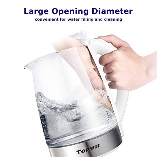 Topwit Electric Kettle Water Heater Boiler, Glass Cordless Tea Kettle 2 Liter with LED Light, Stainless Steel Inner Lid and Bottom, Fast Heating with Auto Shut-Off and Boil Dry Protection, White
