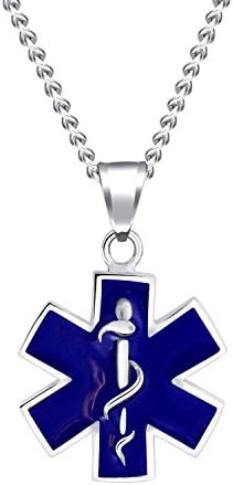 Unisex Stainless Steel Medical Alert EMT Charm Star of Life Pendant Chain Necklace (Blue&Silvery chain)