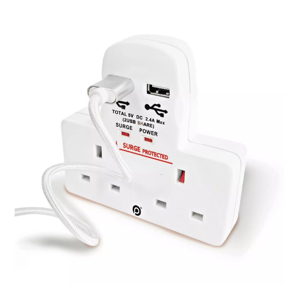 HUBIBUBI 2 Way Gang Adapter with 2 Way Cable Free USB Socket Adaptor White 3Pin Uk Main Wall Socket Charge Port Converter Multi Plug Surge Protection (2 Way Socket & 2 USB Socket, White)