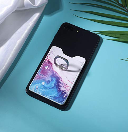 2Pack PU Adhesive Phone Pocket with Ring,Cell Phone Stick On Card Wallet Sleeve,Credit Cards/ID Card Holder Double Secure with 3M Sticker for Back of iPhone,Android Smartphones-Sand Marble Purple Ring