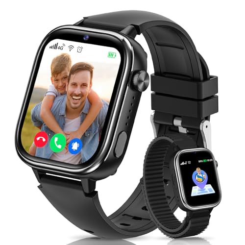 4G Montre Connectée Enfant avec GPS et Visiophonie, Smartwatch Enfants avec Appels, Chat Vocal, SOS, Mode École, Étanchéité IP68, Podomètre, Réveil, Cadeau pour Filles et Garçons de 4 à 15, Noir