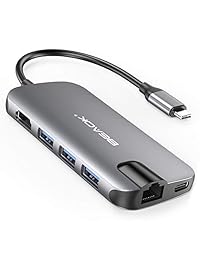 BEAOK   Adaptador USB C 8 en 1 Hyperdrive Ultra Slim de aluminio con Gigabit Ethernet, tipo C y 3 puertos USB 3.0, salida HDMI, lector de tarjetas SD TF para MacBook Pro y otros dispositivos USB C (gris)