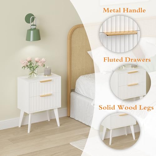 Fluted Nightstand with 2 Drawers,Modern Bedside Table with Metal Handles,White Side Table with Solid Wood Legs,Mid Century End Table for Living Room,Bedroom,White CAACTG55W