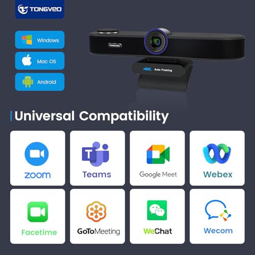 TONGVEO AI Tracking 4K Webcam 5X Zoomable for Conference TV Room System with 4 Mics and Speaker, Computer ePTZ Camera with Remote, Adjustable Wide Angle, for Laptop Mac, Video Call, Zoom