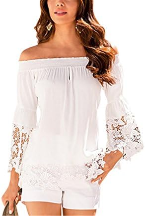 HSDH78 Elegant Women White Lace Chiffon Blouse Shirt Off Shoulder Blouses