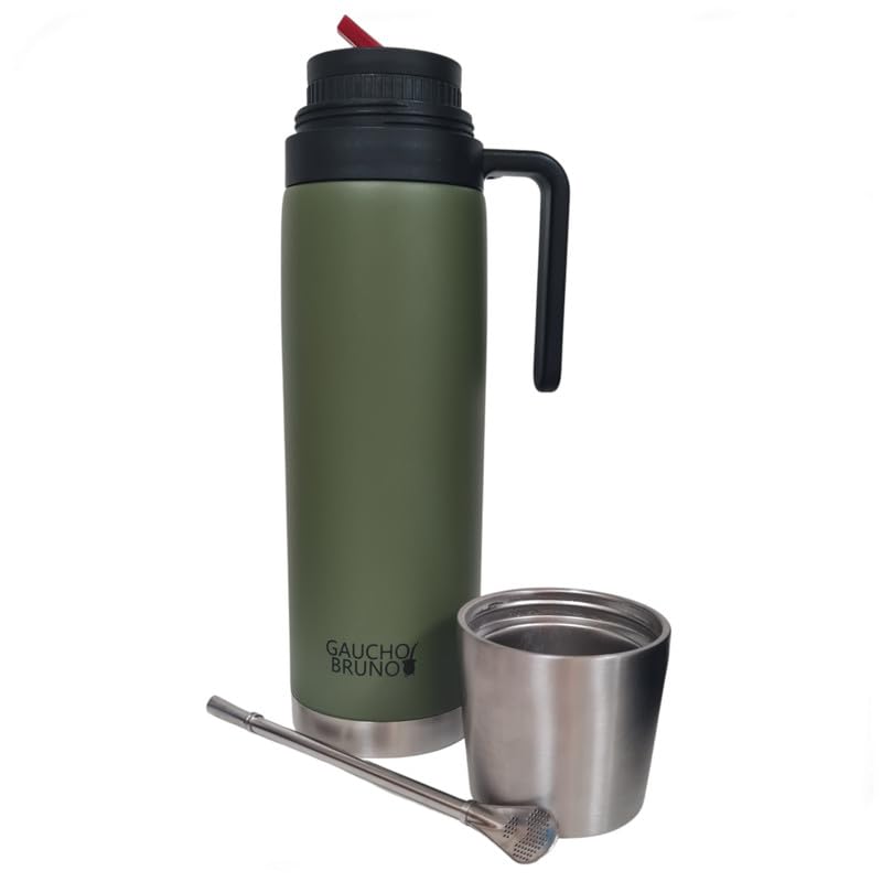 Gaucho Bruno 3-in-1 Yerba Mate Flask - Thermal 1 Litre Drink Container with Precision Pour Spout, Lid That Doubles as a Mate Cup and Bombilla - Insulated for Hot & Cold Beverage - Stainless Steel