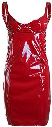 Binwwe Women's Sexy Backless Shiny Latex Faux Leather Mini Bodycon Dress Night Club Party Clubwear Cocktail Dresses