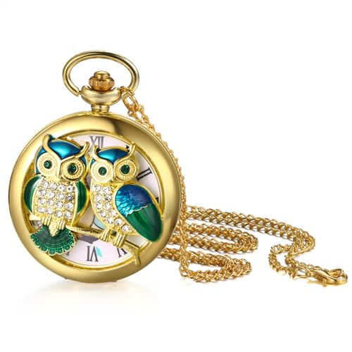 Lancardo Gold Tone Pocket Watch: Vintage Owl Quartz Men Women Pocket Watch with Chain Halloween Christmas Valentines Day