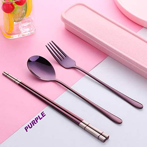 Do Buy Stainless Steel Fork Spoon Chopsticks with a Durable Case for Home Outdoor Camping Traveling Hiking, Purple - Thumbnail 2