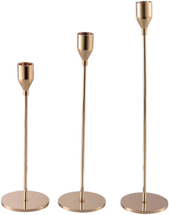 Cozyhoma Set of 3 Taper Candle Holders, Gold Brass Candlestick Table Decorative Candlestick Holder for Candlelight Dinner, Wedding, Dinning, Party