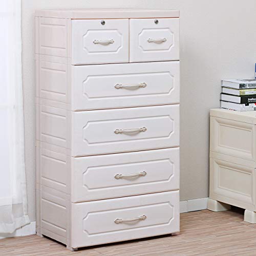 Nafenai Bedroom Tall Dresser with Locks, 6 Large Plastic Storage Drawers for Clothes, Storage Organizer Unit for Closet, Study Room, Office, Kids Playroom, Entryway, Hallway -Creamy White