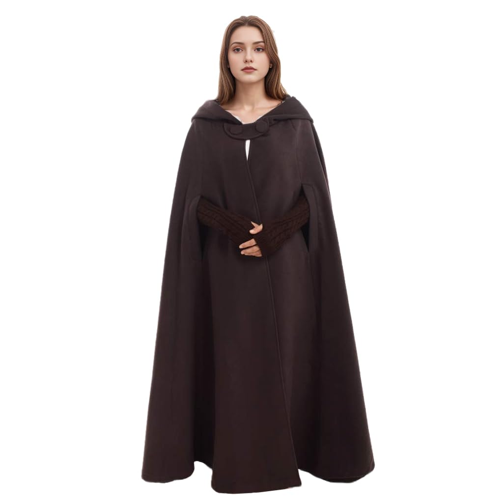 GRACEART Medieval Cosplay Robe Cloak Wool Blend Hooded Cape (Coffee)(Size: One Size)