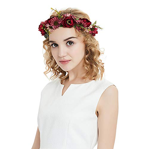 inSowni Handmade Rose Flower Wreath Crown Headband with Ribbon for Women Girls (Burgandy Daisy Ribbon)