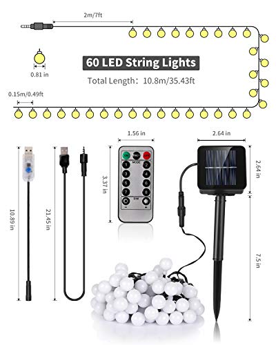 Solar String Lights Outdoor, Upgrade Version Solar+USB Powered+Remote Control 35.6ft 60LED Outdoor String Lights Waterproof IPX5, 8 Lighting Modes LED String Lights for Garden Yard Wedding Party
