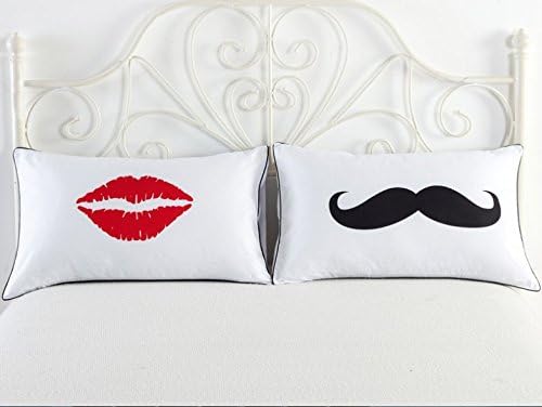 NEWNESS WORLD kiss and beard Pure White and Black Letters Printing Couple Pillow Case Home Decorative Pillow Cover Pillowcases 2pcs,18.90 by 29.13 inch