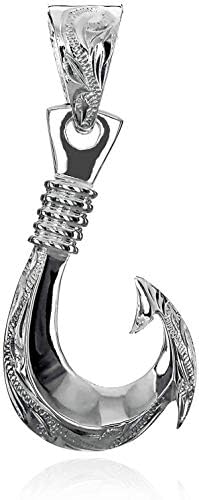 Rayani Hawaiian Jewelry Fish Hook Scroll Engraved Fish Hook Pendant Necklace for Men Silver 925