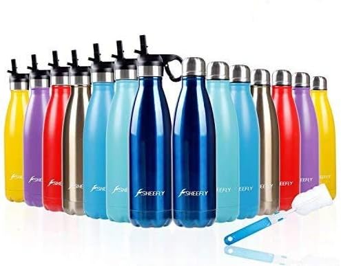 SHEEFLY 500ml/950ml Double Wall Vacuum Insulated Stainless Steel Water Bottle - Sports Travel Bottle Cup for Outdoor Fitness Camping Cycling Picnic with BPA Free Straw Lid+Cleaning Brush