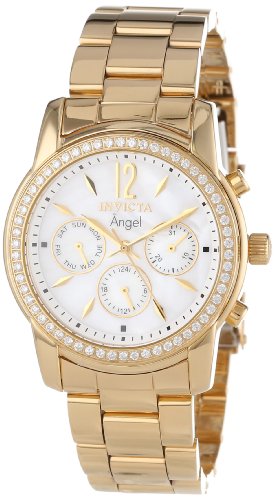Invicta Women's 11771 Angel White Mother-Of-Pearl Dial Cubic Zirconia Accented 18k Gold Ion-Plated Stainless Steel Watch