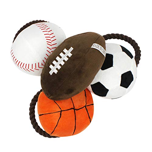 Cotton Rope Basketball Football Plush Doll Chewing Toy,Chewable Squeaky Toy for Pet Dog Cats - Baseball/Basketball/Football/Rugby