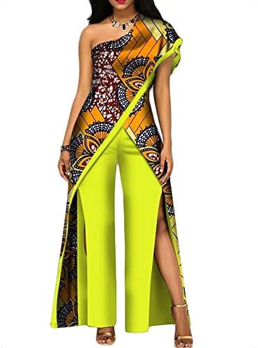 BintaRealWax Womens Elegant One Shoulder Prom Dress African Long Tops & Front Cut Pants Set