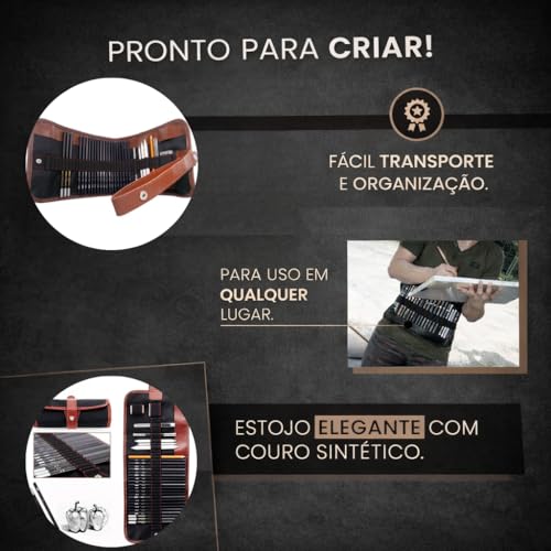 Kit Lápis de Desenho Profissional 29 Peças com Estojo Portátil, Lápis Artísticos, Borrachas, Estilete e Acessórios para Artistas e Estudantes Linha Super Premium 2H B HB 2B 3B 4B 5B 6B 7B 8B