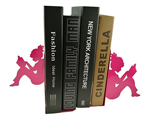 3D Paper-cut Little Girl Is Reading Pattern Metal Bookends Book Ends For Kids Teenagers Teachers Students Adults Study Home School Library Office Decoration (Pink)