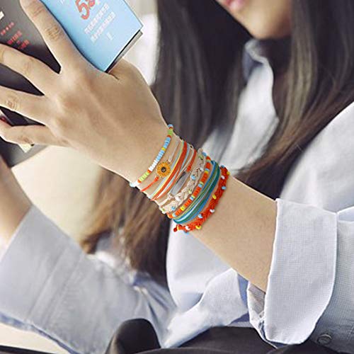 ISWAKI 8Pcs Sunflower Bracelets Hand String Bracelets Handmade Braided Rope Charms Boho Summer Beach Bracelet for Women Girls (Keep Fucking Going)…